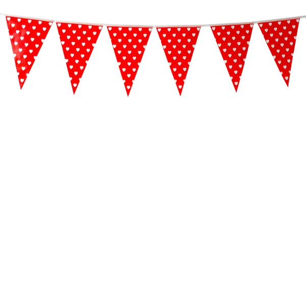 Red bunting party flag with heart shape pattern isolated on whit