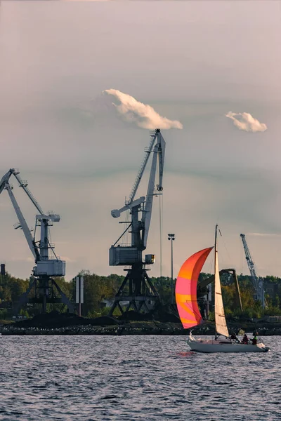 Sailboat moving past the cargo cranes