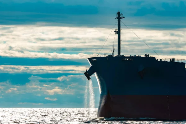 Merchandise Import Large Blue Cargo Ship Moving Riga Port — Stock Photo, Image