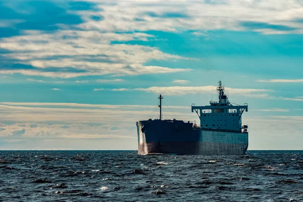 Merchandise Import Large Blue Cargo Ship Moving Riga Port — Stock Photo, Image