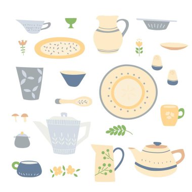 Handmade home cookware set:  plates, cups, jugs, teapots. Beige  clipart