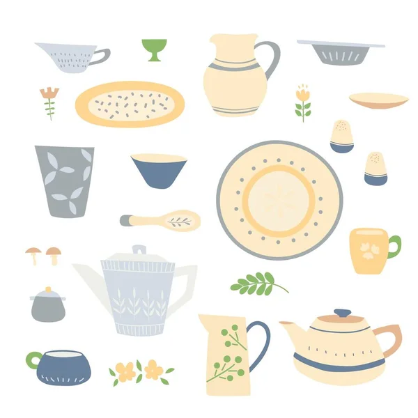 Handmade home cookware set:  plates, cups, jugs, teapots. Beige — 스톡 사진