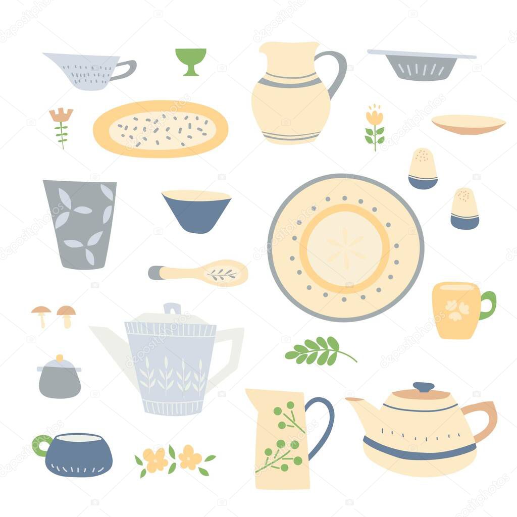 Handmade home cookware set:  plates, cups, jugs, teapots. Beige 
