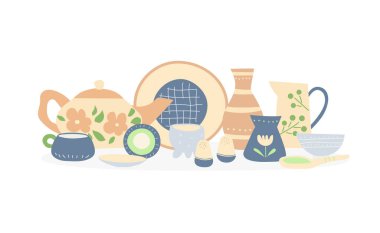 Bej ve mavi tonlarda çanak çömlek takımı. El yapımı seramik.