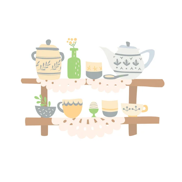 家里的陶瓷盘子在架子上 漂亮的手工做的餐巾纸盖住了木架 家庭舒适 — 图库矢量图片