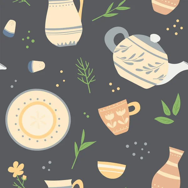 Бесшовный Рисунок Керамической Посуды Ручной Работы Узоры Растения — стоковый вектор