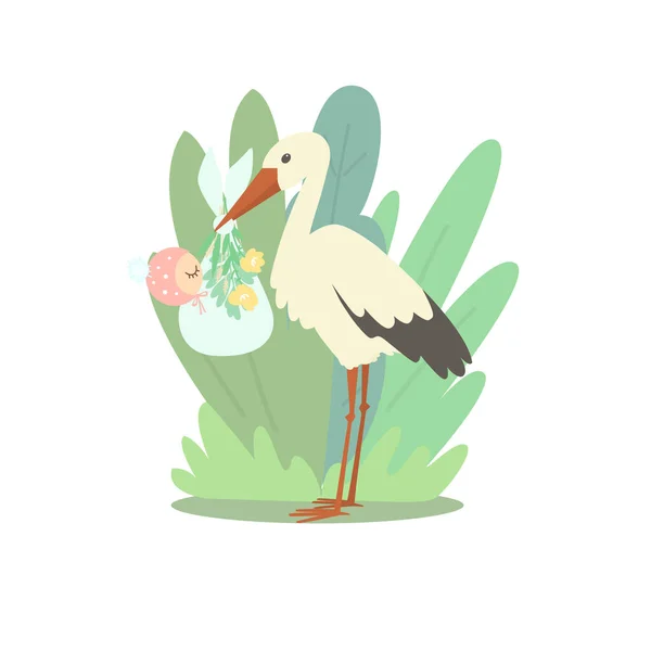 Stork Holding Diaper Sleeping Baby Its Beak Child Dressed Cute — Stock Vector