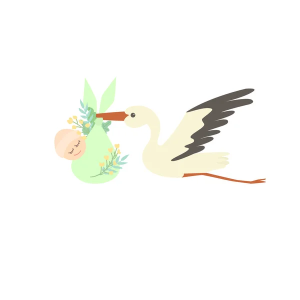 Stork Carries Newborn Baby Parents — Stock Vector