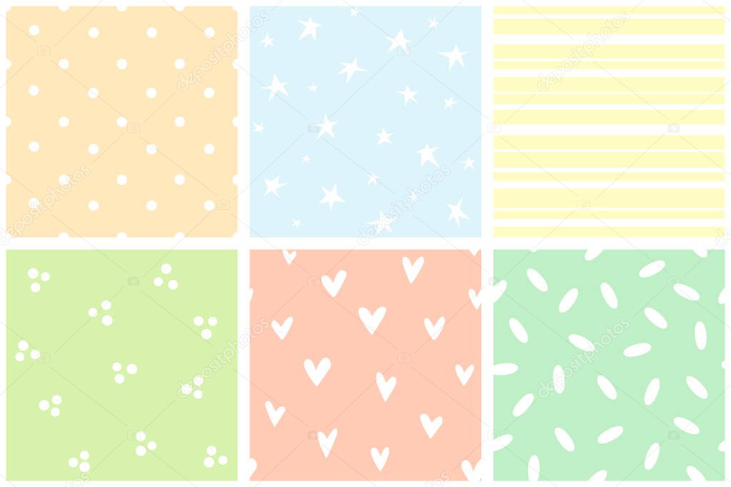 Collection of simple patterns. Polka dots, stars, hearts, stripes, spots, rice. Muted delicate colors