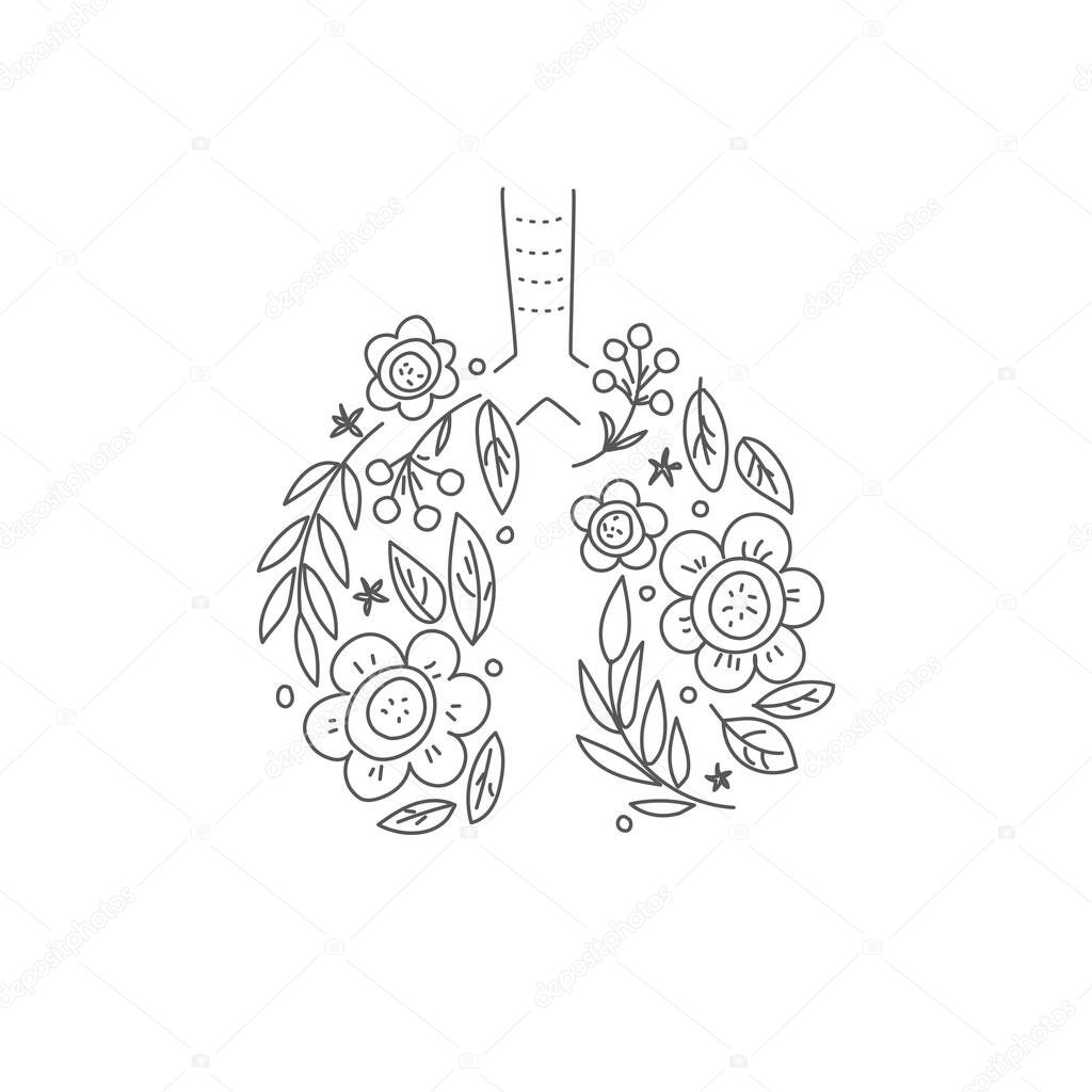 Lungs vector. Human internal organ. Linear doodle style. Ornament of leaves and flowers