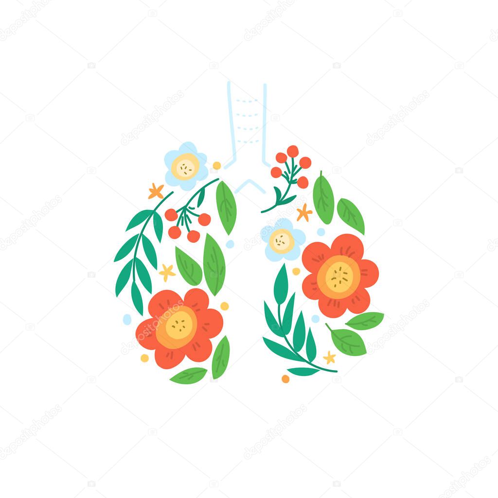 Lungs vector. Human internal organ. Ornament of leaves and flowers