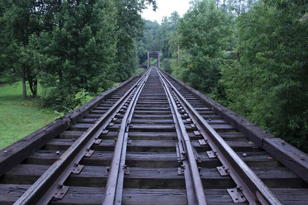 Carriles de tren de metal oxidado en un puente de madera — Foto de Stock