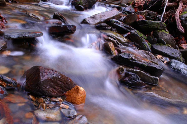 Fotografia a velocità dell'otturatore lento di un piccolo fiume con rocce nel parco dei boschi delle montagne . — Foto Stock