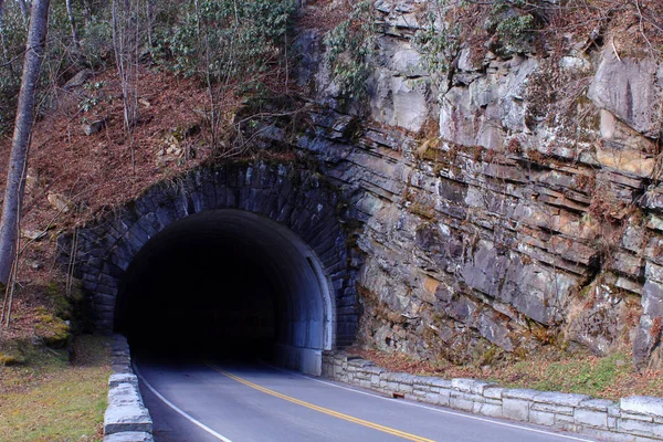 Homem de Pedra Feito Túnel e Rua Fotografia de uma Estrada Através de uma Montanha . — Fotografia de Stock