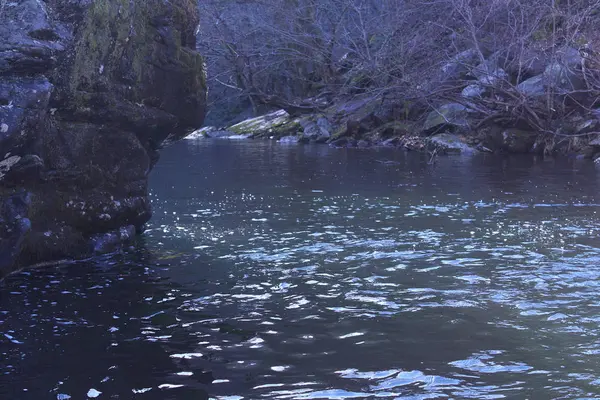 Tiefer Fluss mit felsigen Klippen mit Moos und Flechten in den tiefen Bergwäldern — Stockfoto