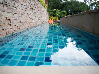 Küçük havuz zemin mavi model ile kaplıdır. Taştan bir duvar takımıdır. Havuzu sonuna ağaçlarının dolu.