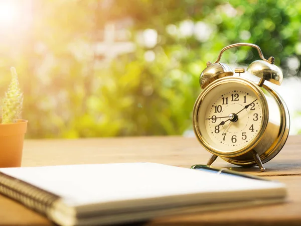 Caderno em branco com despertador vintage e caneta preta e cacto na mesa de madeira. O fundo é verde de árvore e bokeh luz — Fotografia de Stock