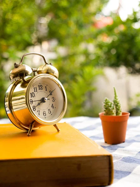 Yellow book with vintage alarm clock and cactus on blue plaid tablecloth. The background is green from tree and light bokeh — Stock Photo, Image