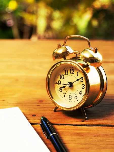 Blank notebook with vintage alarm clock and black pen on wood table. The background is green from tree and light bokeh — Stock Photo, Image