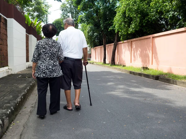 Feliz romântico sênior asiático casal andando e de mãos dadas na estrada na aldeia. Conceito de casal sênior e cuidar uns dos outros — Fotografia de Stock