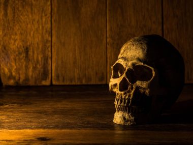 Kafatası üzerinde ahşap bir masa yerleştirilir. Bir ahşap plaka ve mum ışığı kafatasında arka plan olduğunu.