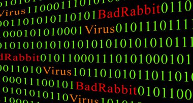 Concept of security and virus and Bad Rabbit Ransomware. Red text of Bad Rabbit and green binary code. clipart