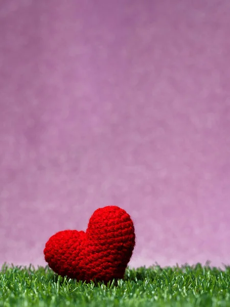 Ручної Роботи Червоної Пряжі Серце Фоні Зеленої Трави Royal Рожевий — стокове фото