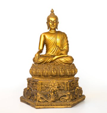 Antika Buda heykeli altın beyaz arka planda (izole arka plan). Buda'nın yüzü düz için döndü.