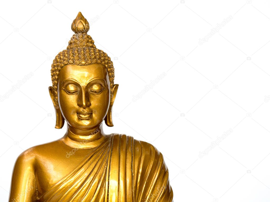 Golden antique buddha statue on the white background (isolated background). The face of the Buddha is Straight face. copyspace for text and content