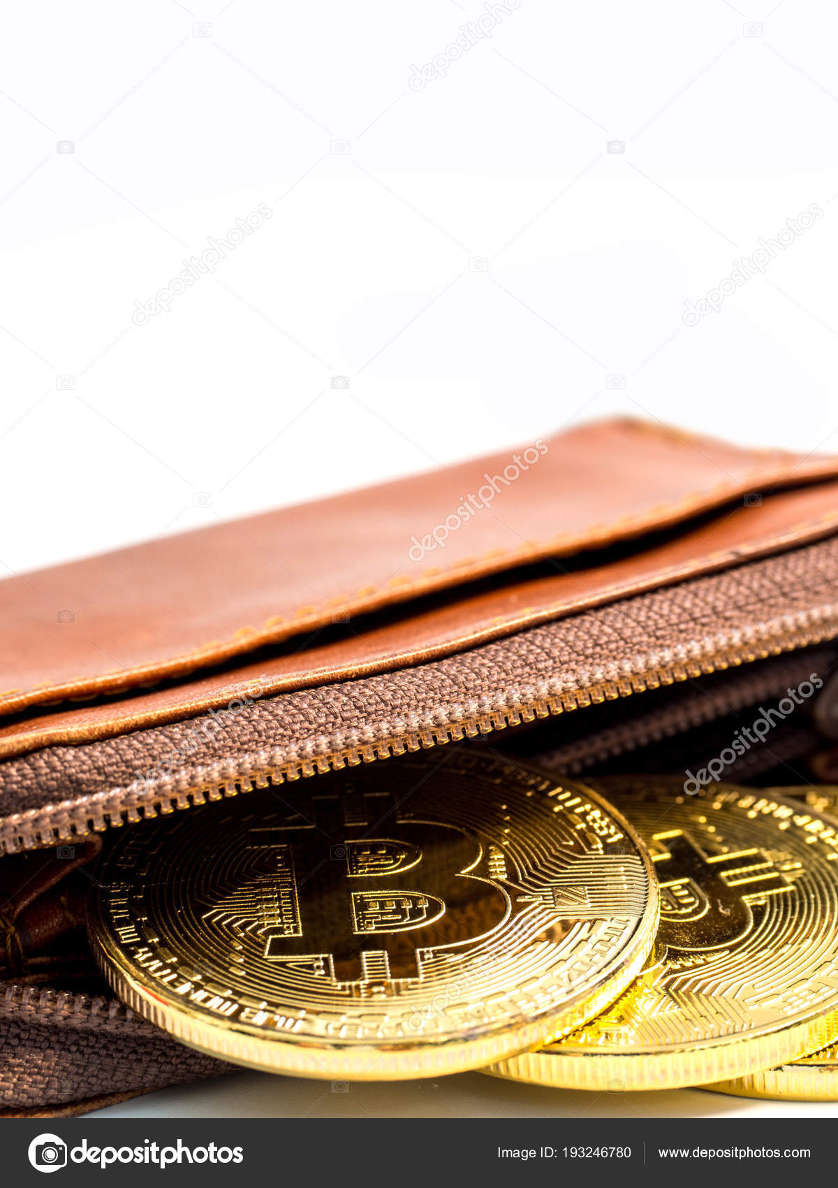 Close Bitcoin Gold Coins Wallet White Background Virtual - 