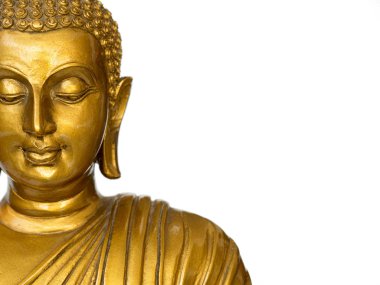 Yüz altın antika Buda heykeli beyaz arka planda (izole arka plan) bölümü. Buda düz yüz yüzüdür. kopya alanı metin ve içerik için