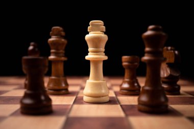 Beyaz kral Kahverengi Kral 'ın karşısında duruyor ve satranç çemberinin içinde. Yeni iş adamları zorluklarla karşı karşıya. Yönetim veya liderlik, analiz, strateji kavramı.
