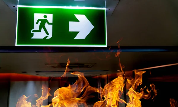 Panneau Vert Évacuation Incendie Accroché Plafond Dans Bureau — Photo