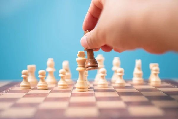 Hand Businessman Holding Brown King Chess Checkmate Competitor Win Games — Stock Photo, Image