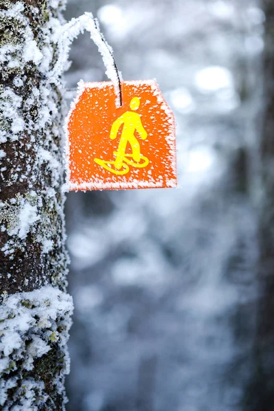 Snowshoes sign hiking marker on tree in winter forest trail