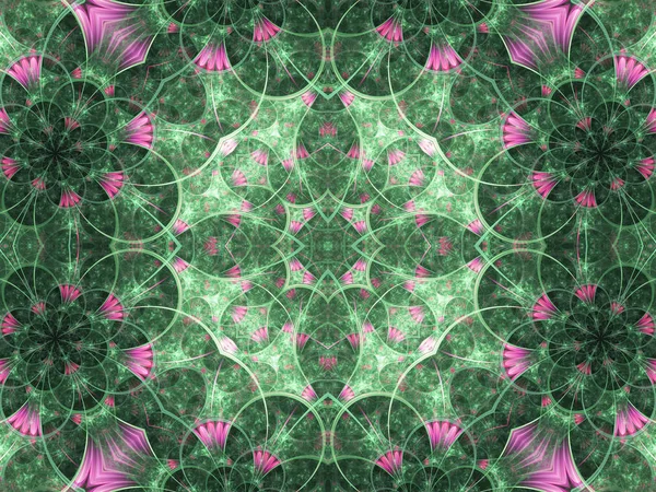 Groene en paarse naadloze bloemen fractale mandala, digitale kunst voor creatieve grafisch ontwerp — Stockfoto