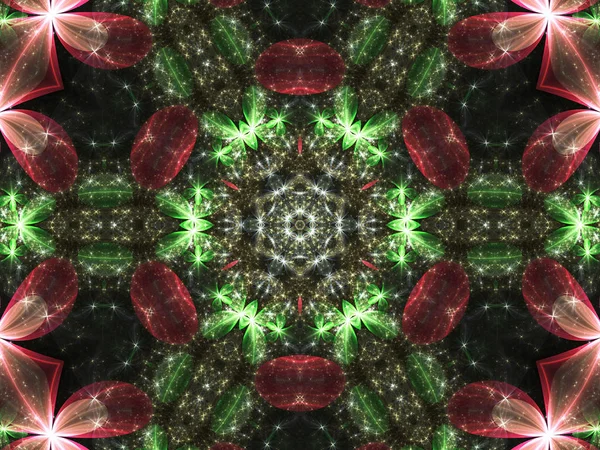Kırmızı ve yeşil çiçek fraktal Noel mandala, yaratıcı grafik tasarım için dijital sanat — Stok fotoğraf