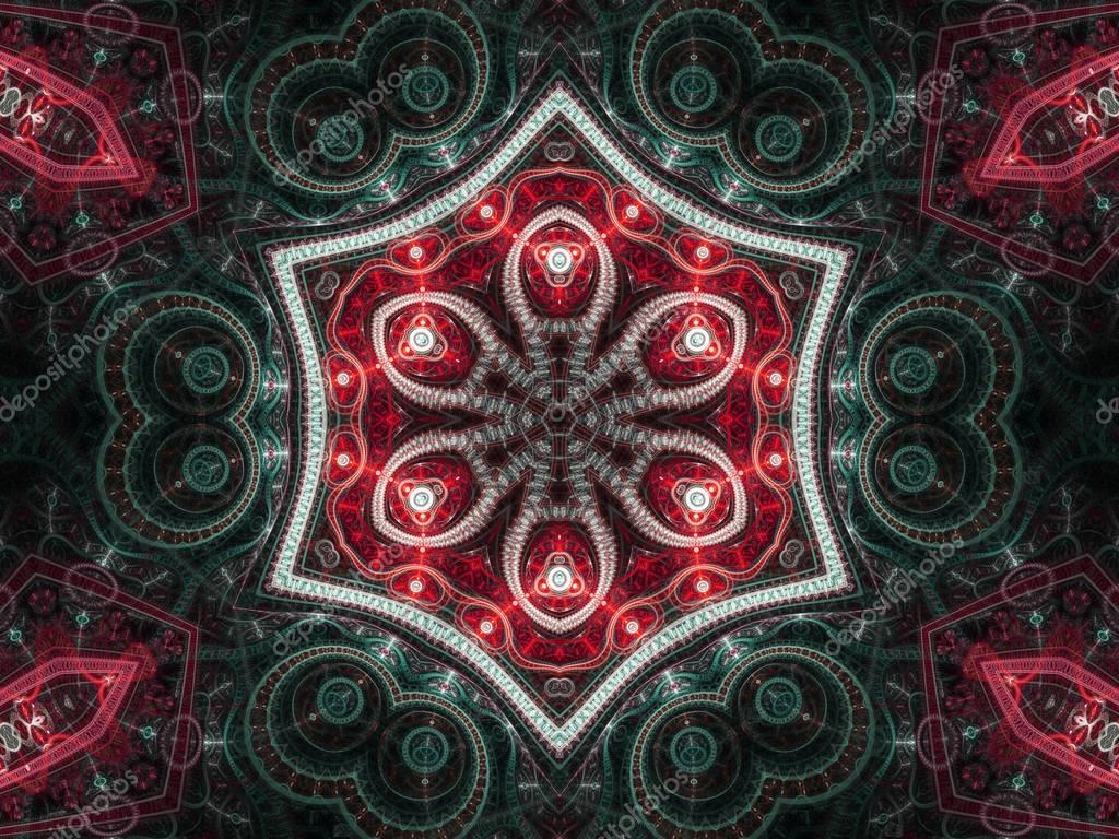 Red clockwork steampunk fractal mandala, digital artwork for creative