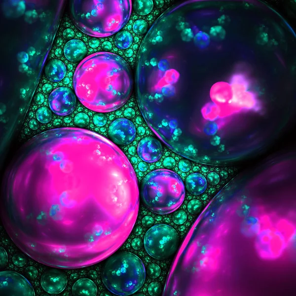 Esferas fractais roxas e verdes, obra de arte digital para design gráfico criativo — Fotografia de Stock