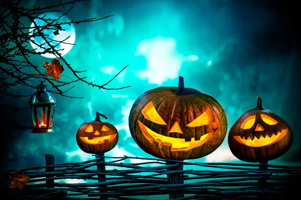 Calabazas de Halloween frente al bosque espeluznante nocturno — Foto de Stock