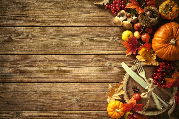 Fondo otoñal de hojas caídas y frutos con pla vintage — Foto de Stock