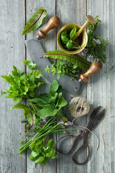 Herbes fraîches et épices sur table en bois — Photo