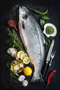 Fresh salmon fish with seasoning clipart