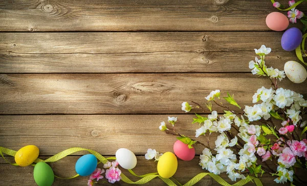 Fundo de Páscoa com ovos coloridos e flores de primavera — Fotografia de Stock