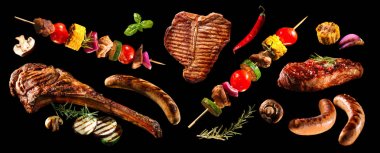 Collage of various grilled meat and vegetables clipart