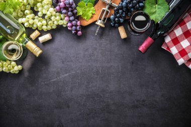 Üzüm, peynir, jambon ve mantar ile şarap şişeleri