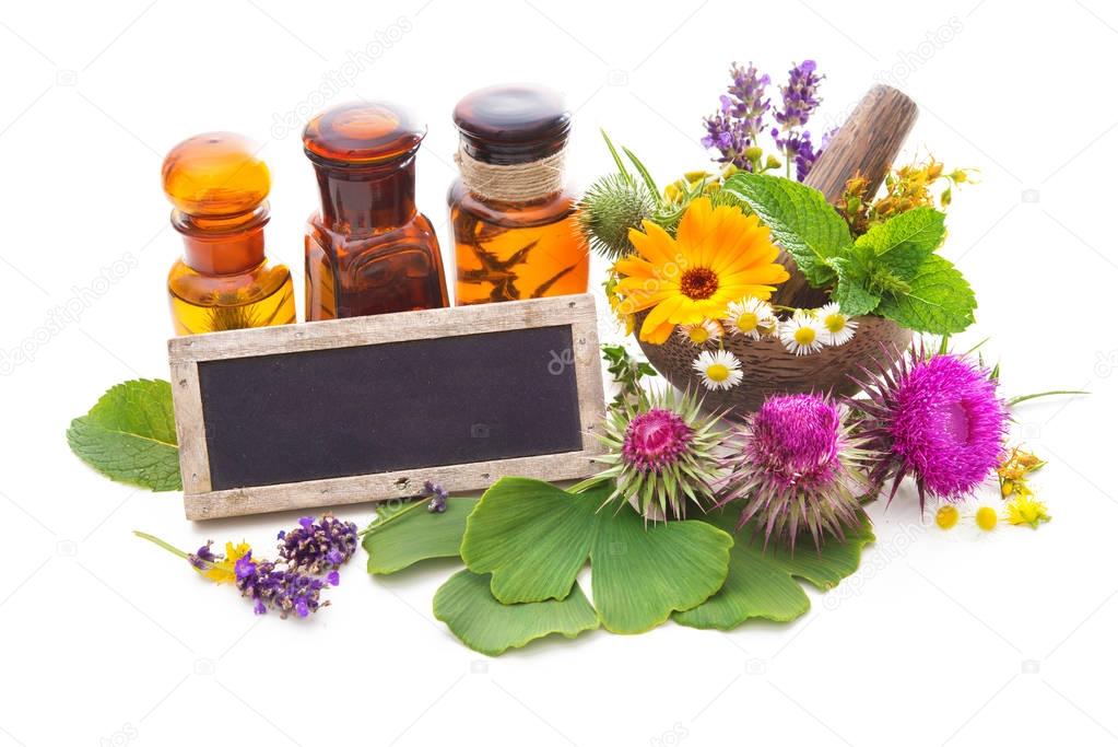 Tincture bottles and healing herbs