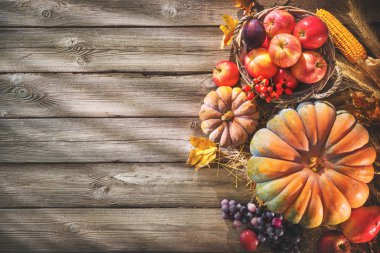 Thanksgiving background with pumpkins and falling leaves on rust clipart