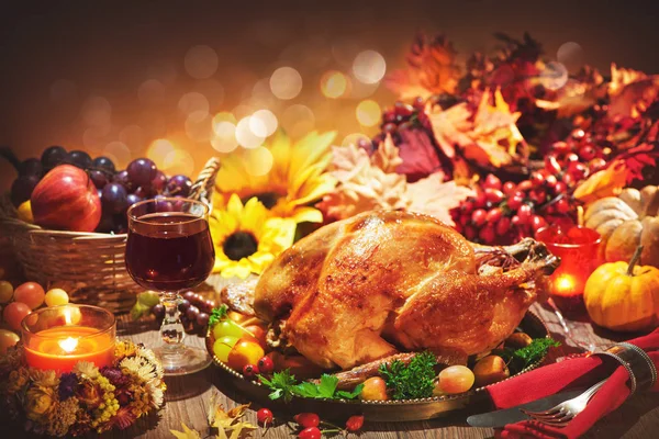 Roasted whole turkey on festive table for Thanksgiving Day — Stock Image Roasted whole turkey on festive table for Thanksgiving Day Stock Photo