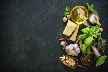 Ev yapımı yeşil fesleğen pesto için malzemeler